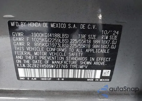2025 Honda Hr-V 2Wd Sport from USA, damaged, VIN 3CZRZ1H50SM727765